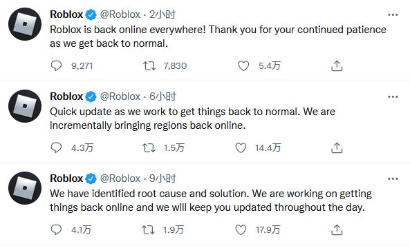 经历故障后，Roblox重新上线