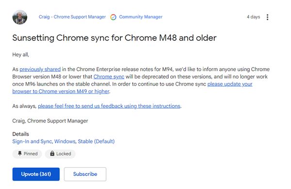 谷歌：结束对于Chrome 48及其他更早版同步功能的支持