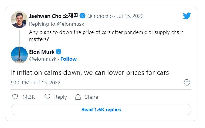 马斯克：如果通货膨胀稳定下来，可以降低电动汽车价格