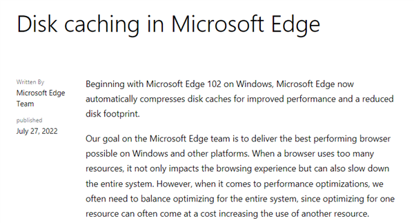 微軟更新文章：Edge加入自動壓縮磁盤緩存技術